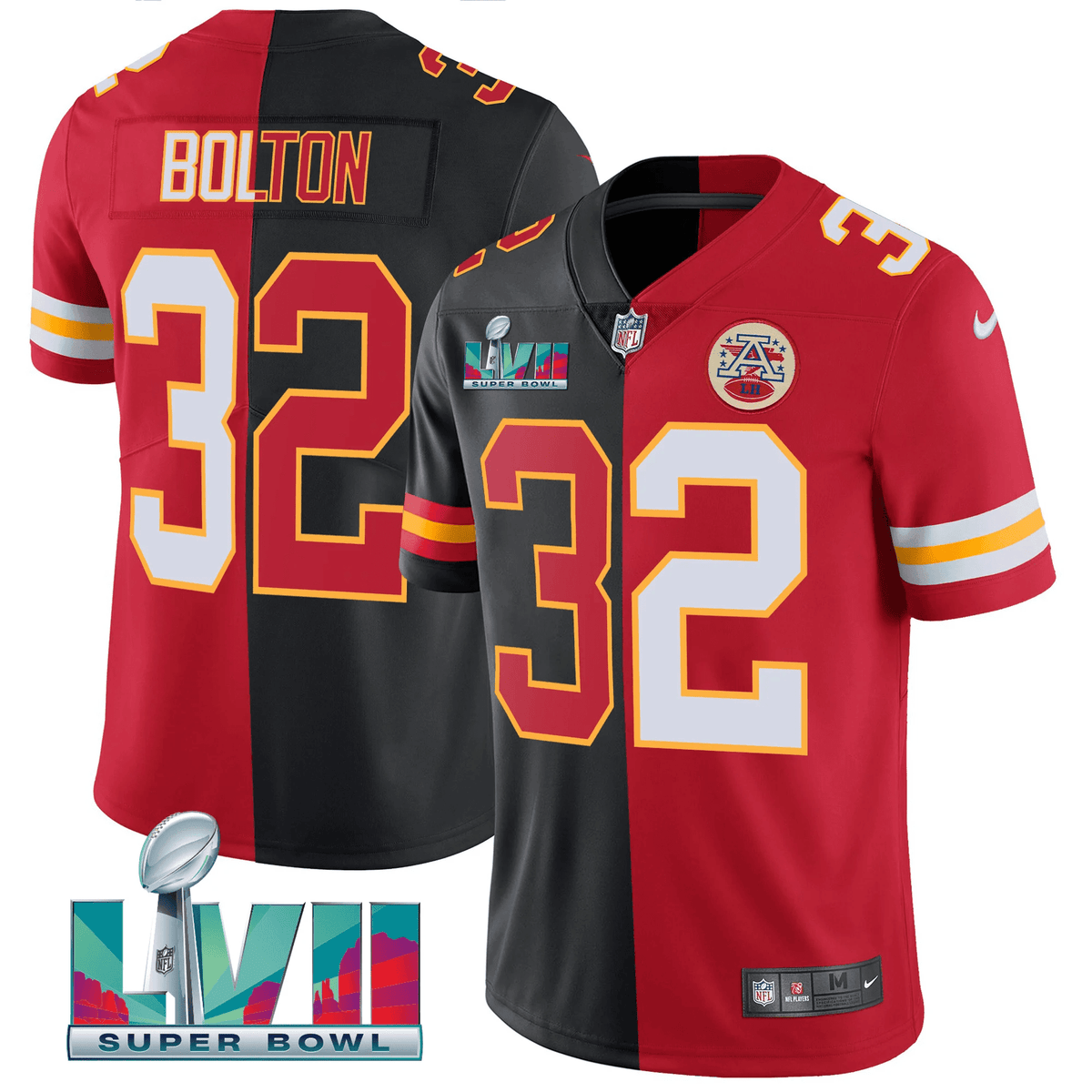 Men's Chiefs Super Bowl LVII Vapor Player Jersey - All Stitched - Split Red-Black - Nick Bolton — view 1