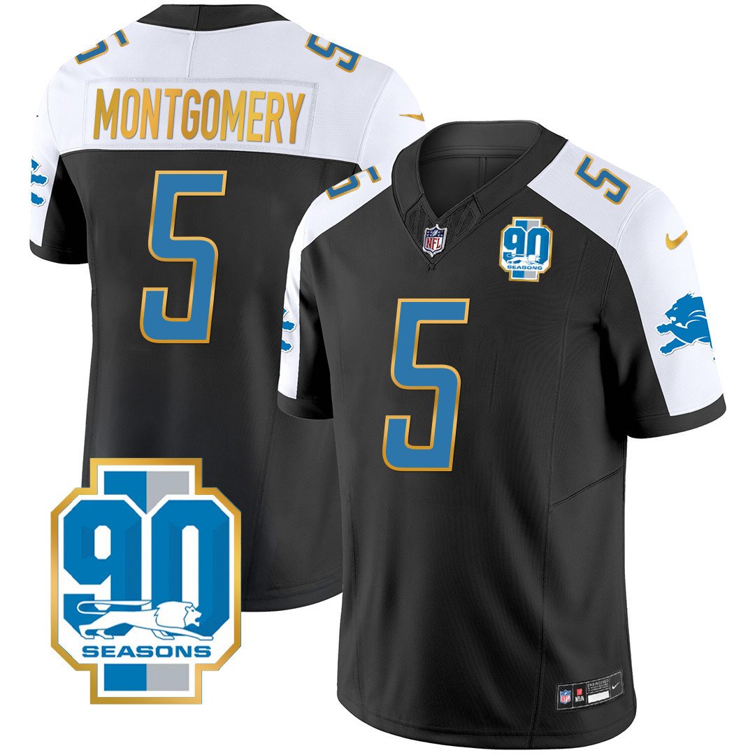 Men's Detroit Lions 90th Year Patch Gold Trim Jersey - All Stitched - Black Alternate - David Montgomery — view 1