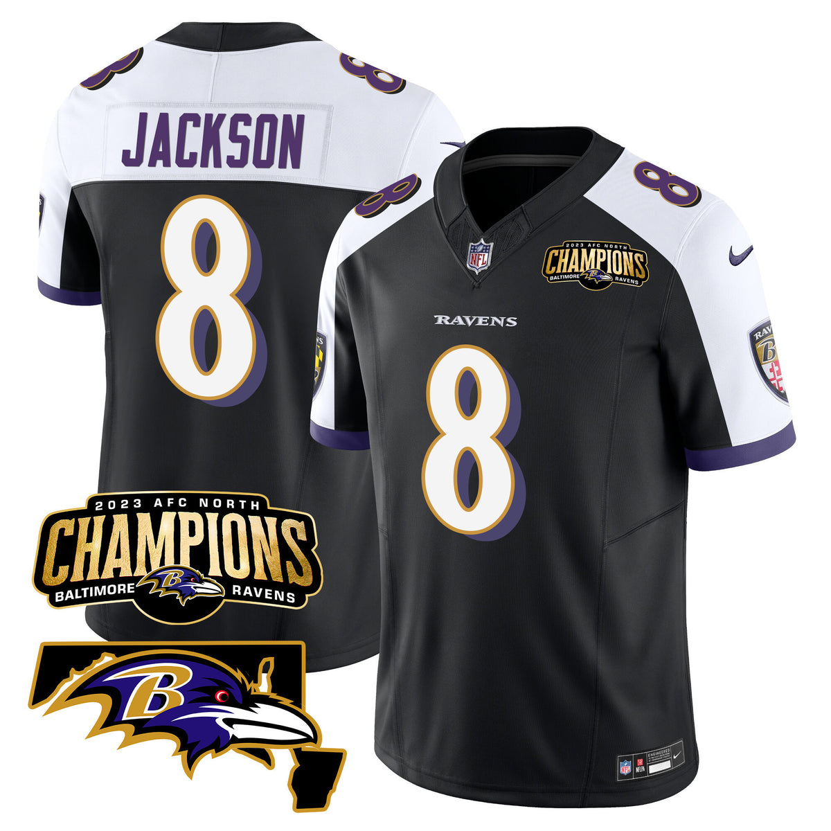 Men's Ravens 2023 AFC North Champions & Maryland Patch Vapor Jersey - All Stitched - Black Alternate - Lamar Jackson — view 1