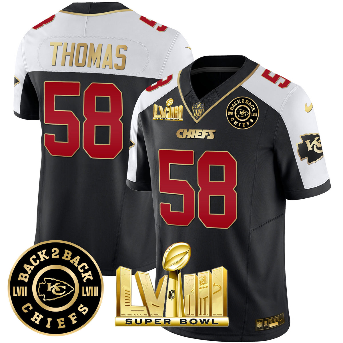 Men's Chiefs Super Bowl LVIII & Back 2 Back Patch Vapor Jersey V3 - All Stitched - Black Alternate - Derrick Thomas — view 1