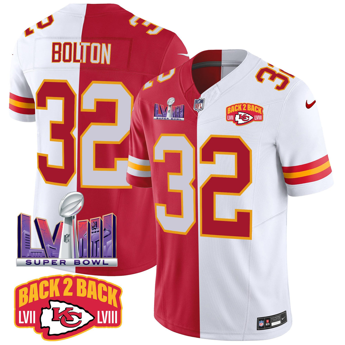 Men's Chiefs Super Bowl LVIII & Back 2 Back Patch Vapor Jersey V2 - All Stitched - Split - Nick Bolton — view 1