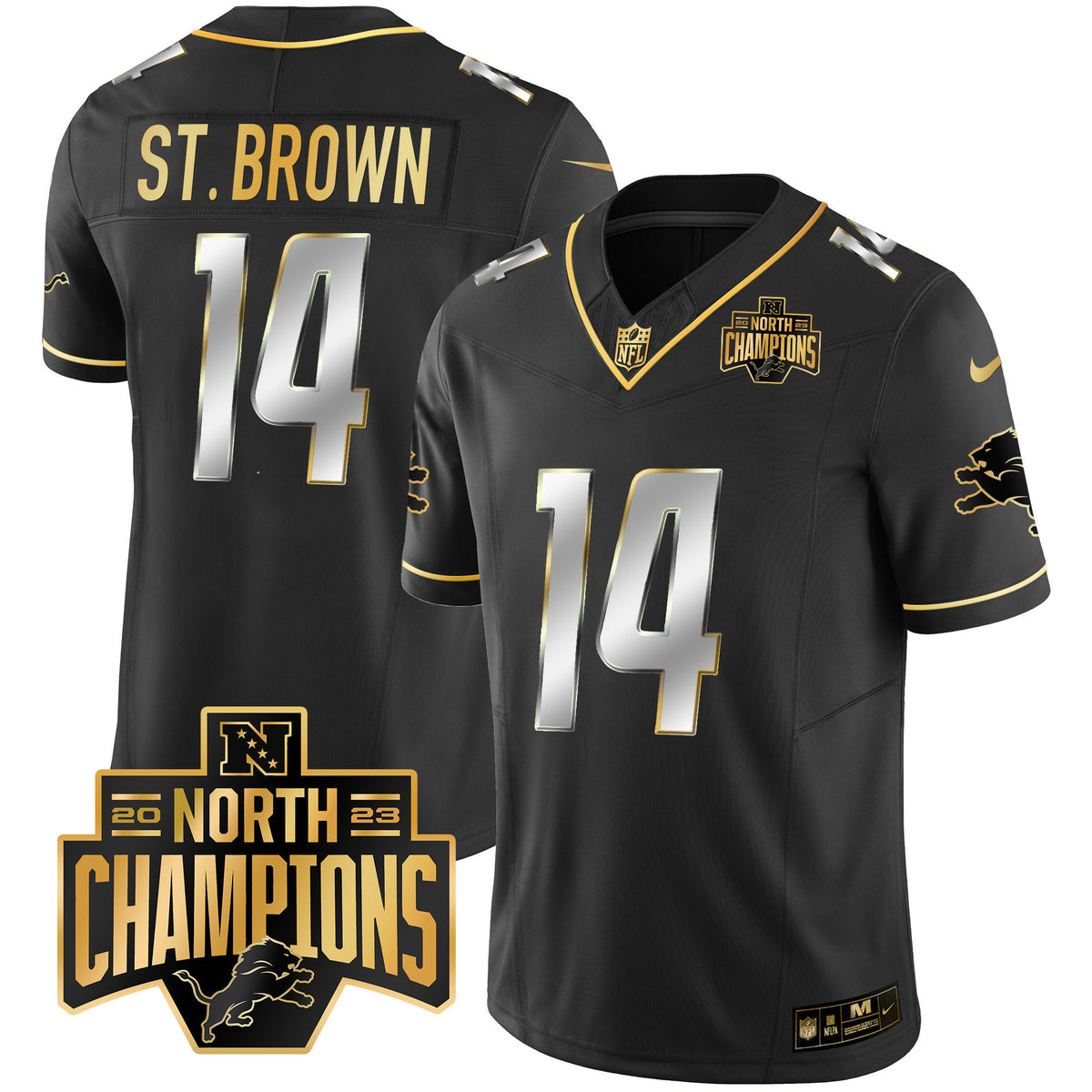 Men's Detroit Lions 2023 NFC North Division Champions Patch Vapor Gold Jersey - All Stitched - Black Limited - St. Brown — view 1