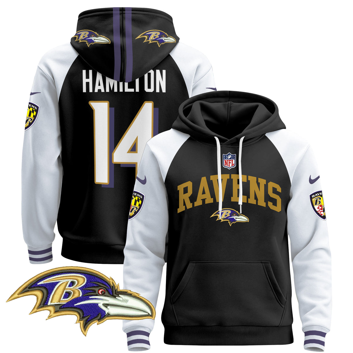 Men's Baltimore Ravens 2024 Pullover Hoodie V2 - All Stitched - Black Alternate - Kyle Hamilton — view 1