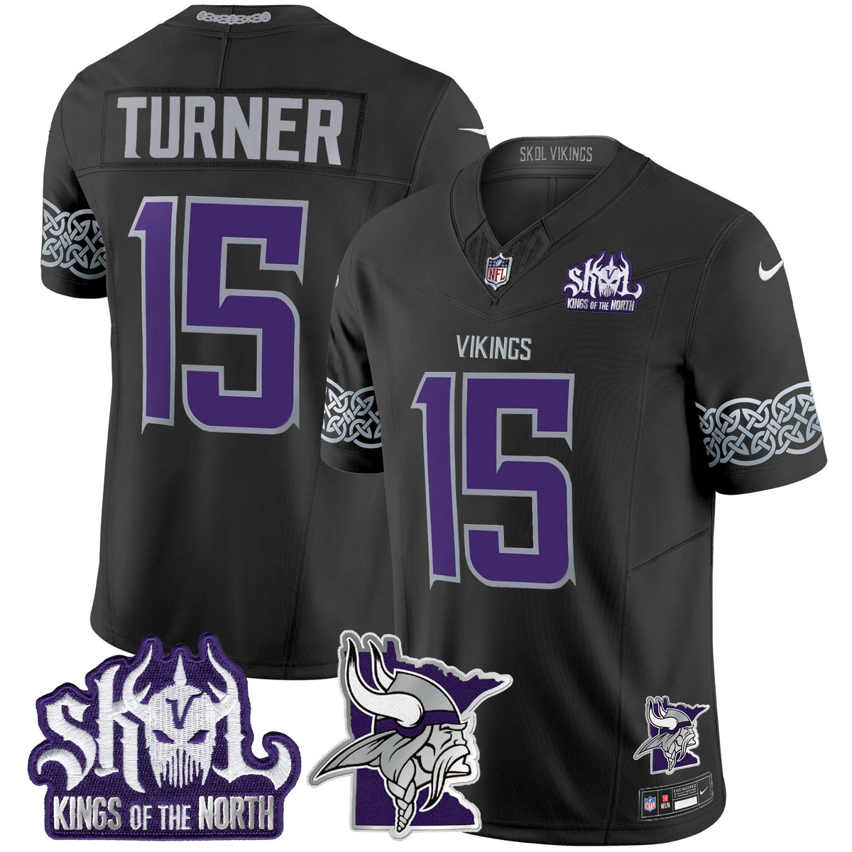 Men's Minnesota Vikings 2024 Winter Warrior Skol Patch Vapor Limited Jersey V2 - All Stitched - Black - Dallas Turner — view 1
