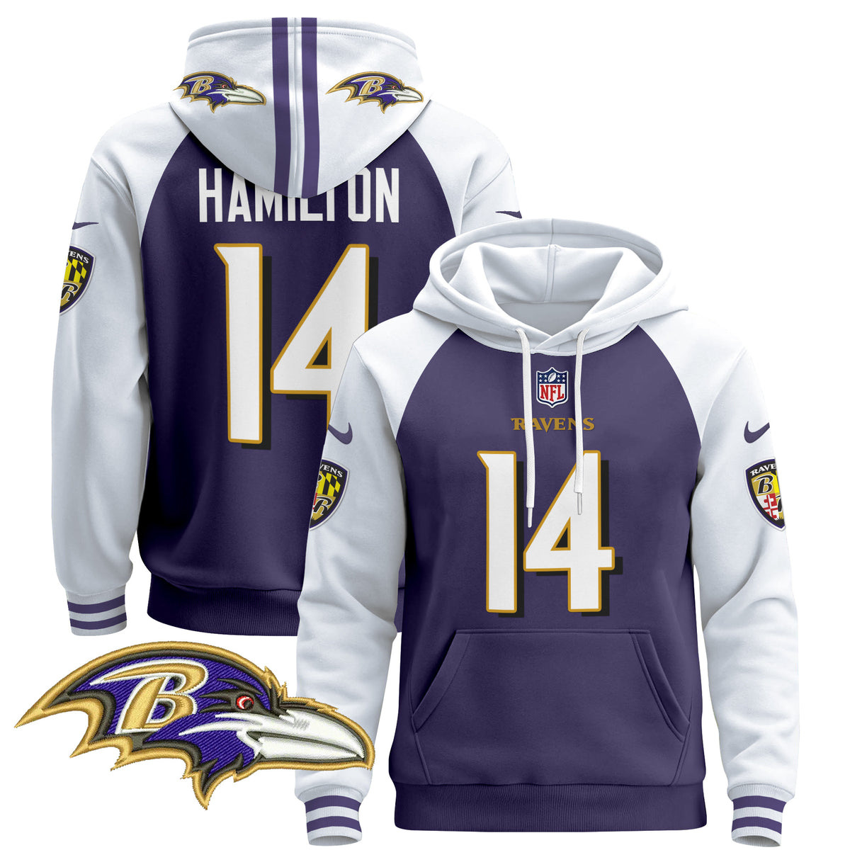Men's Baltimore Ravens 2024 Pullover Hoodie V4 - All Stitched - Purple Alternate - Kyle Hamilton — view 1