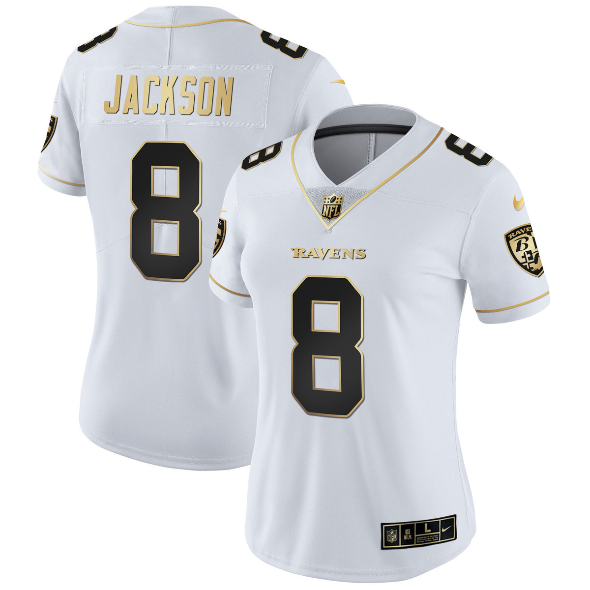 Women's Ravens Gold Vapor Jersey - All Stitched - White Gold - Lamar Jackson — view 1