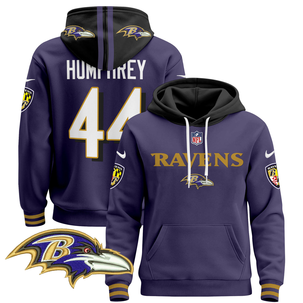 Men's Baltimore Ravens 2024 Pullover Hoodie V3 - All Stitched - Purple - Marlon Humphrey — view 1
