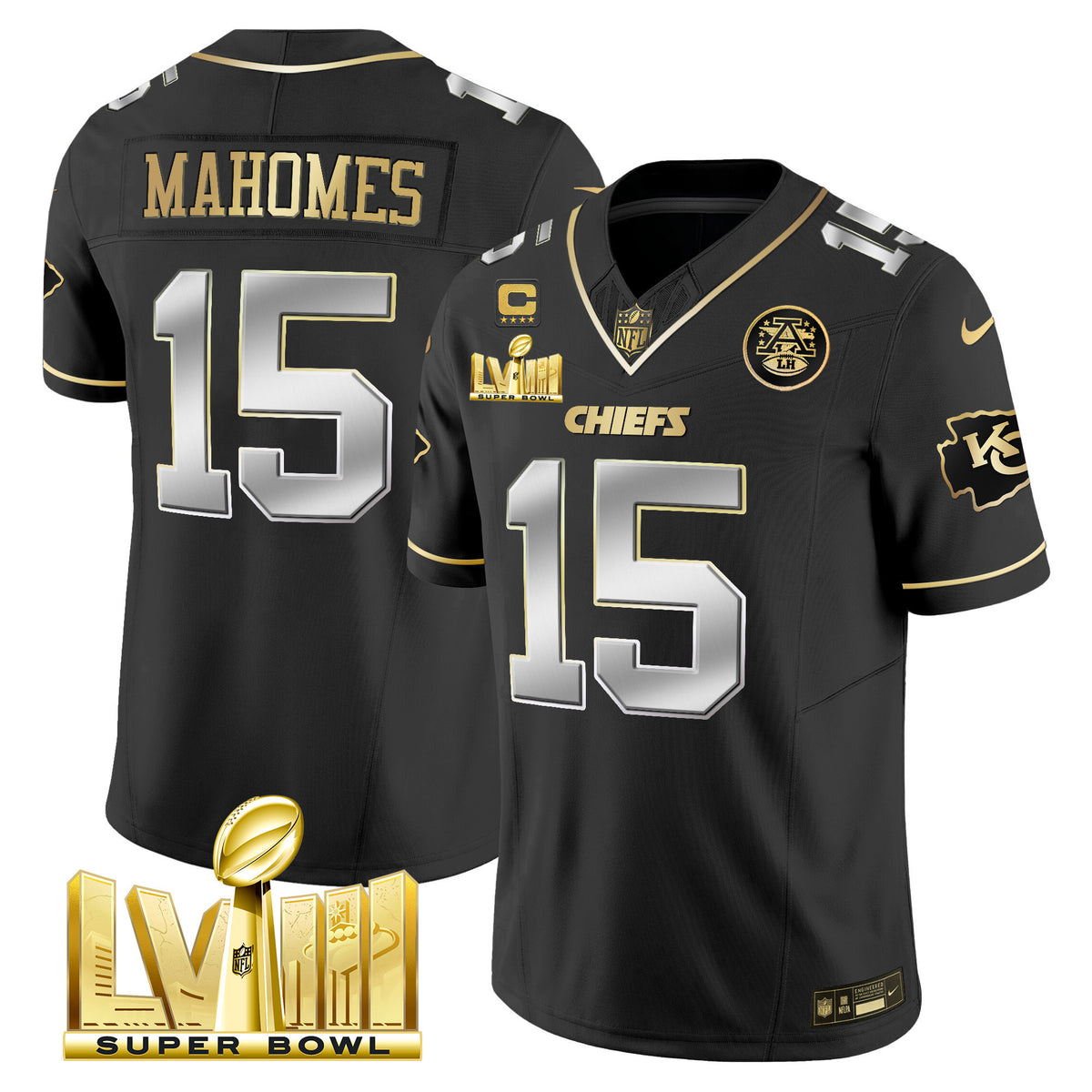 Men's Chiefs Super Bowl LVIII Gold Patch Vapor Jersey V4 - All Stitched - Black Limited - Patrick Mahomes — view 1