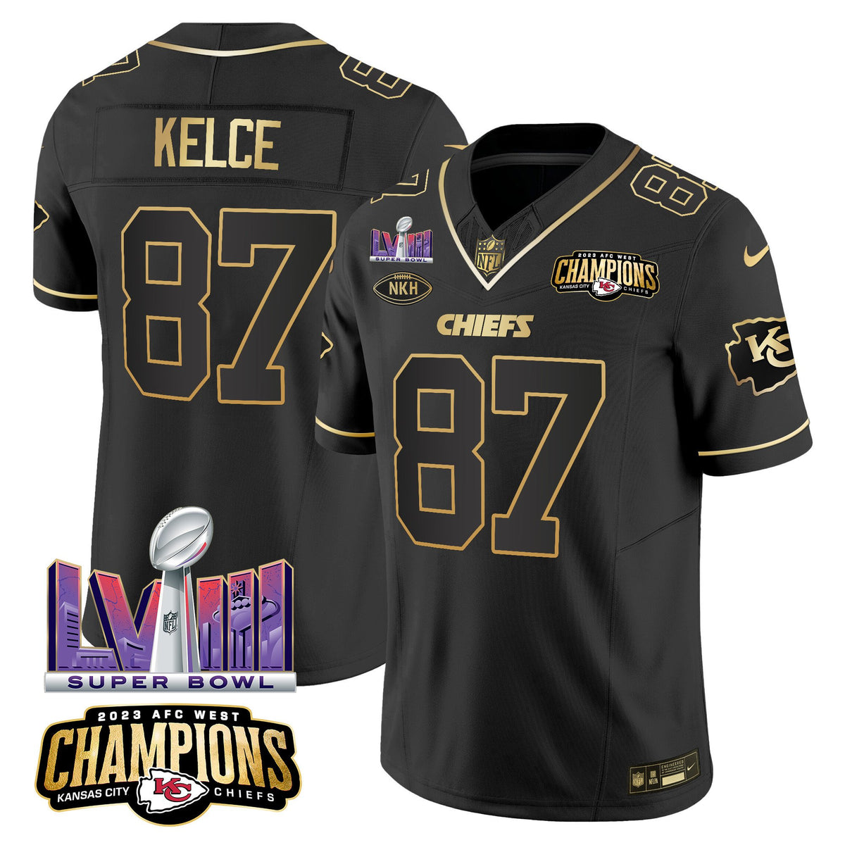 Men's Chiefs AFC West Champions & Super Bowl LVIII Patch Vapor Jersey V2 - All Stitched - Black Gold - Travis Kelce — view 1