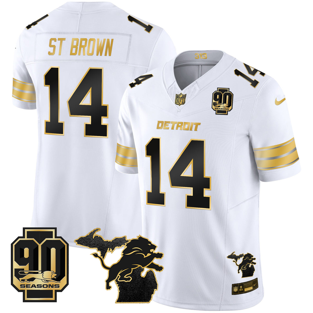 Men's Detroit Lions 2025 Michigan & 90th Season Patch Gold Vapor Limited Jersey - All Stitched - White Gold - St. Brown — view 1