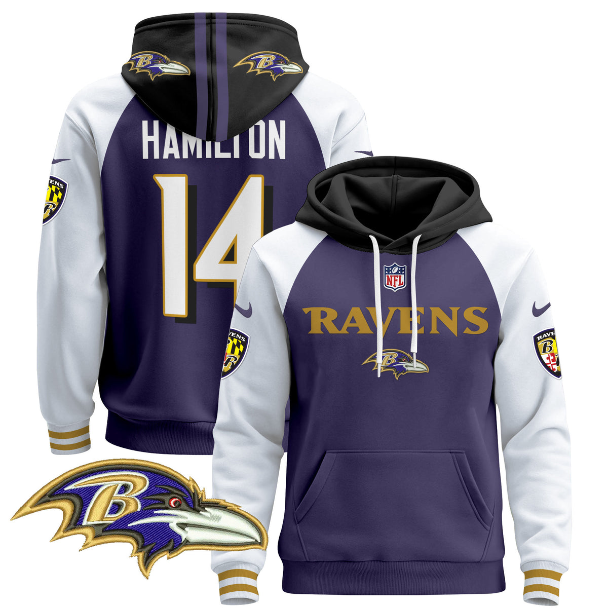 Men's Baltimore Ravens 2024 Pullover Hoodie V3 - All Stitched - Purple Alternate - Kyle Hamilton — view 1