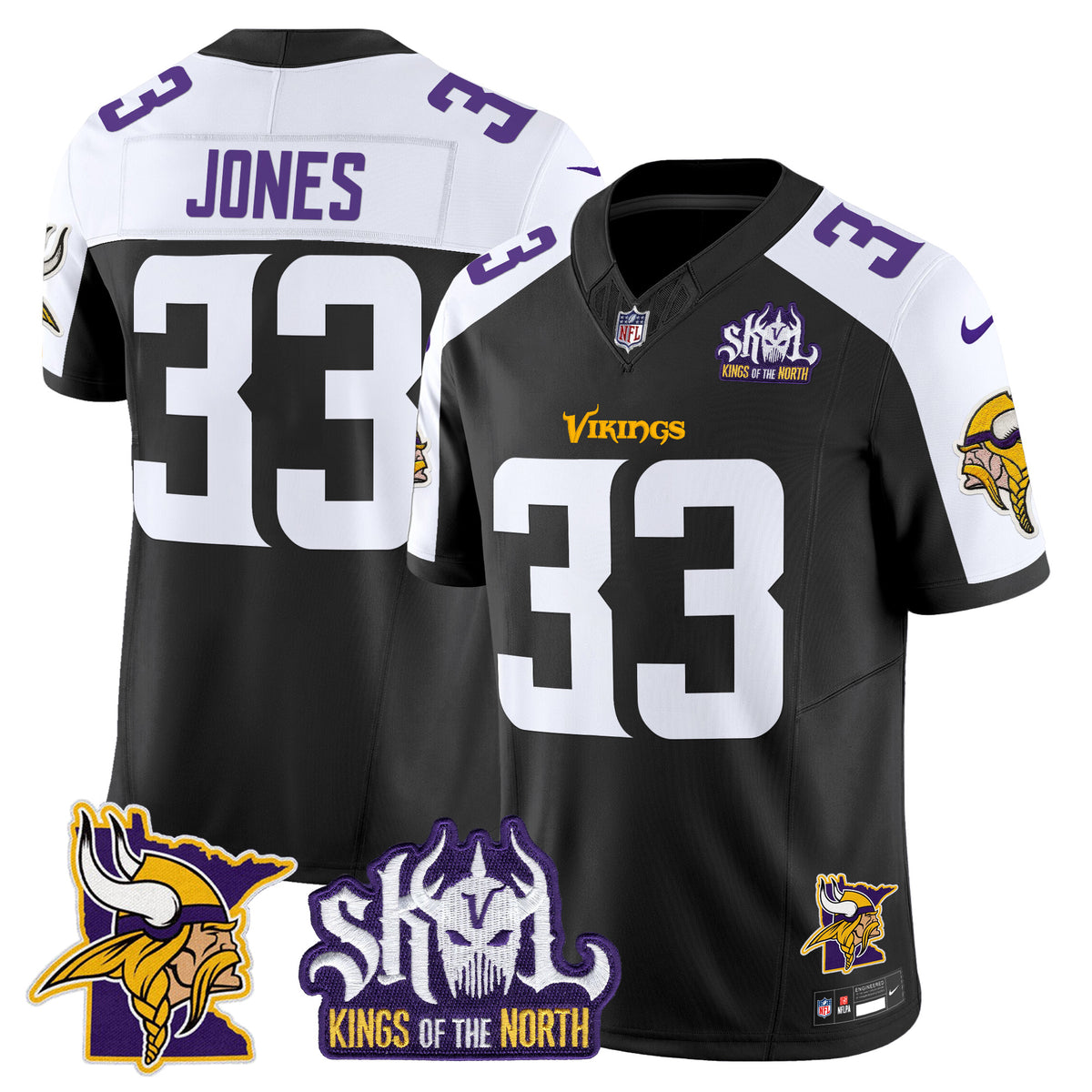 Men's Minnesota Vikings Kings Of The North Patch Vapor Limited Jersey V3 - All Stitched - Black Alternate - Aaron Jones — view 1