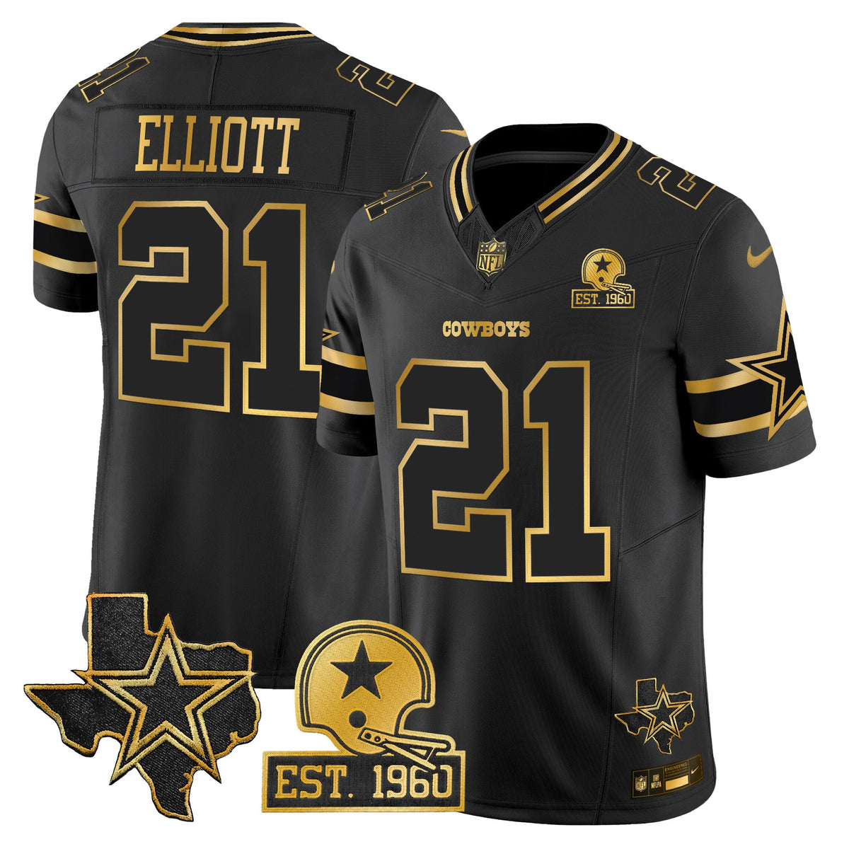 Men's Dallas Cowboys Est. 1960 & Texas Patch Gold Vapor Limited Jersey - All Stitched - Black Gold - Ezekiel Elliott — view 1