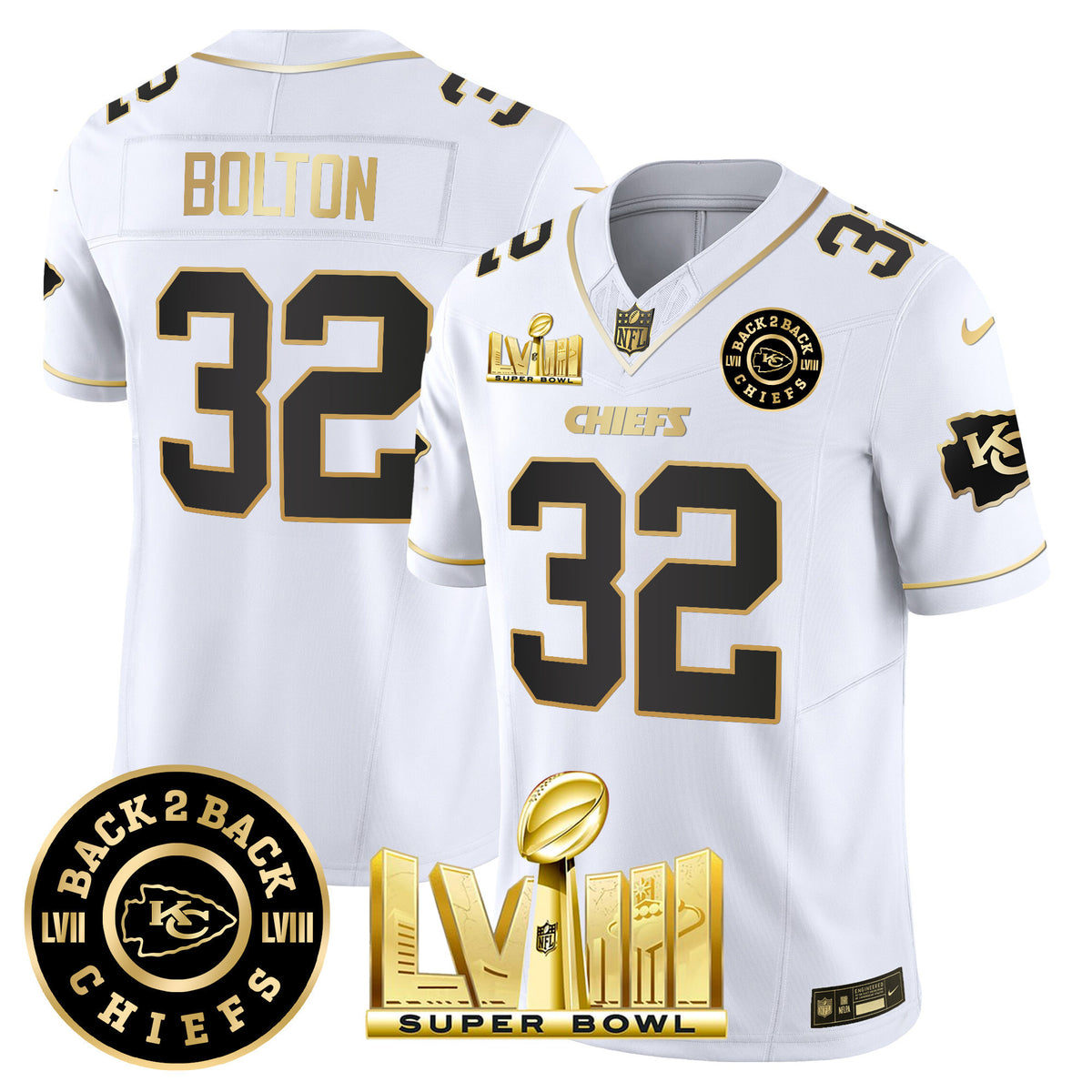 Men's Chiefs Super Bowl LVIII & Back 2 Back Patch Vapor Jersey V4 - All Stitched - White Gold - Nick Bolton — view 1