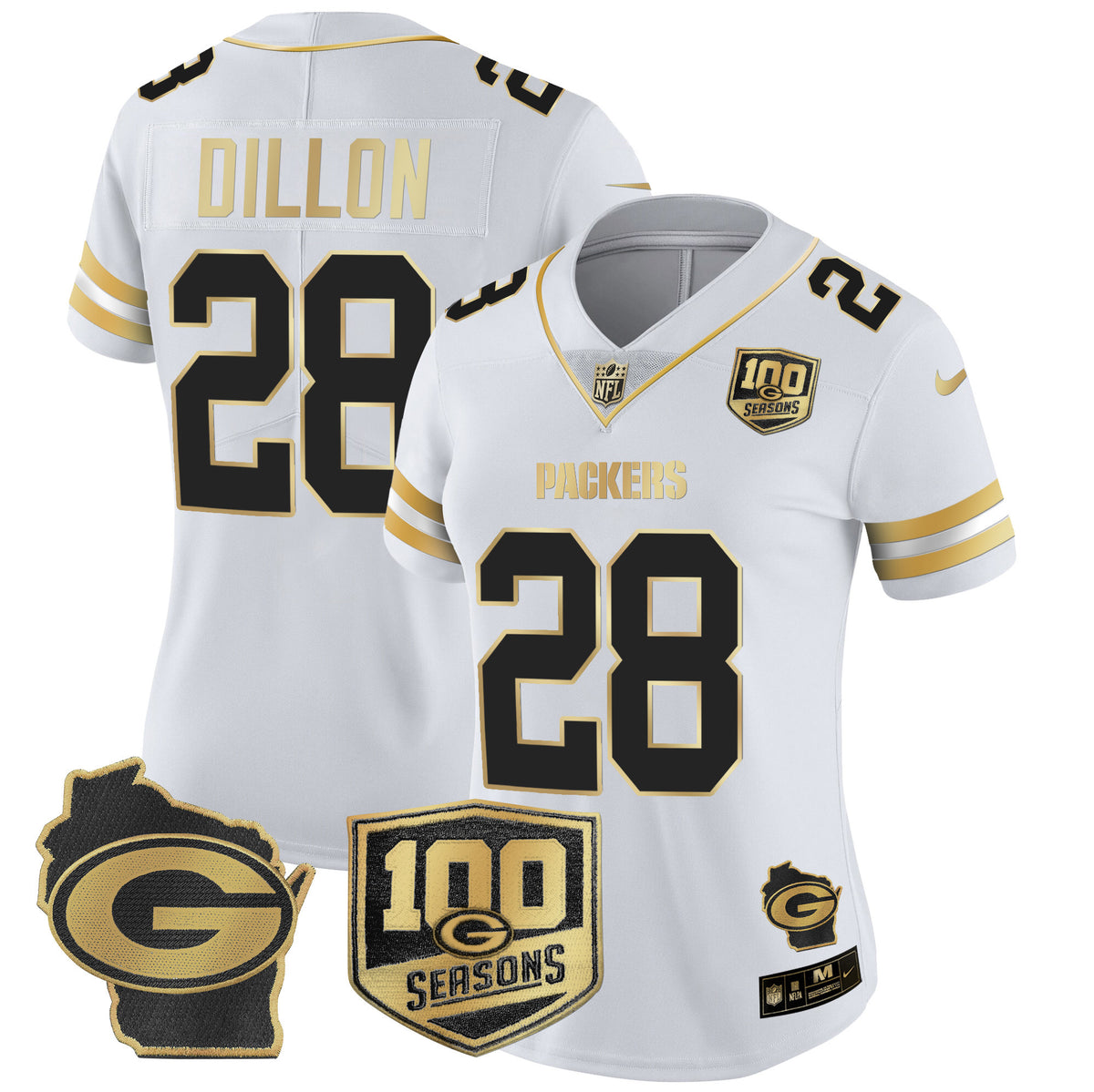 Women's Packers 100th Season & Home Patch Gold Vapor Limited Jersey – All Stitched - White Gold - AJ Dillon — view 1