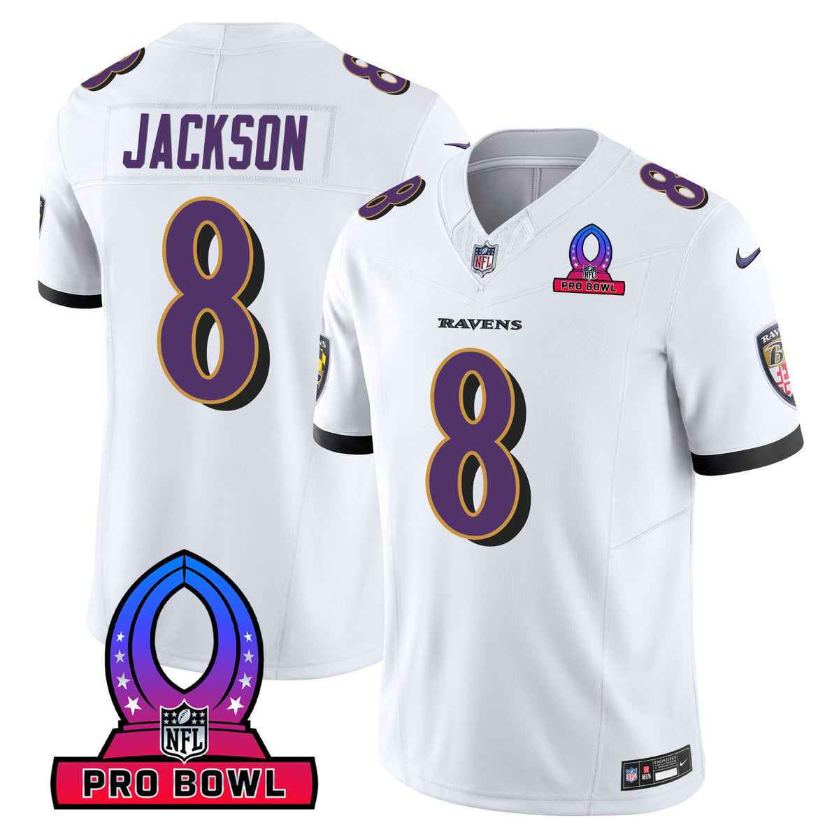Men's Ravens 2024 Pro Bowl Patch Vapor Jersey - All Stitched - White - Lamar Jackson — view 1