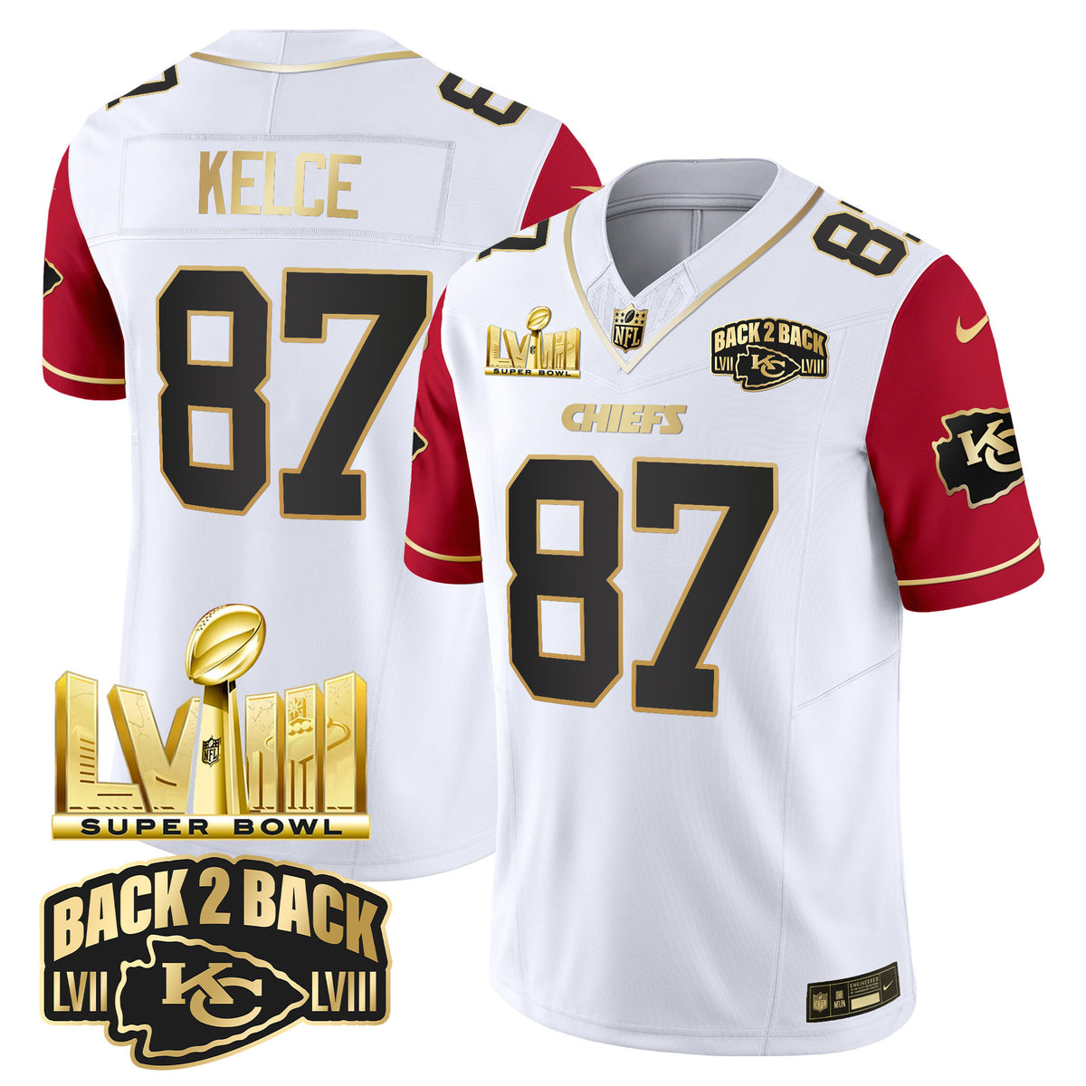 Men's Chiefs Super Bowl LVIII & Back 2 Back Gold Patch Vapor Jersey V2 - All Stitched - Color Sleeves - Travis Kelce — view 1