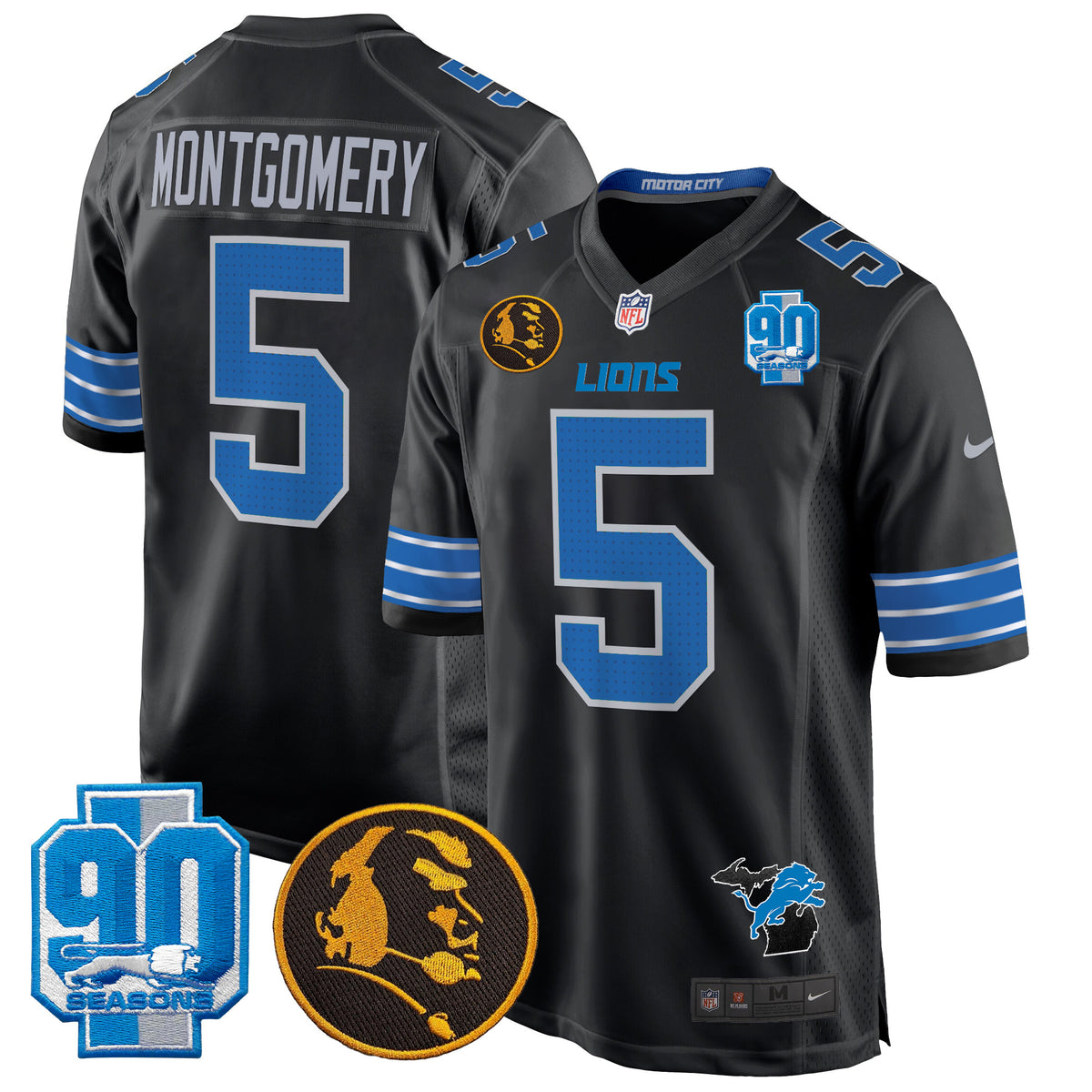 Men's Detroit Lions 2024 90th & John Madden Patch Game Jersey - All Stitched - Black - David Montgomery — view 1