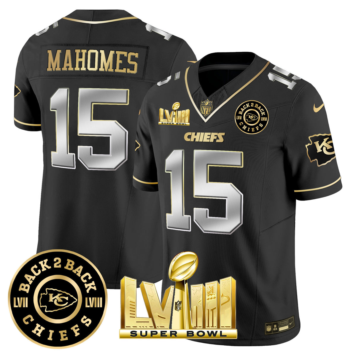 Men's Chiefs Super Bowl LVIII & Back 2 Back Patch Vapor Jersey V4 - All Stitched - Black Limited - Patrick Mahomes — view 1