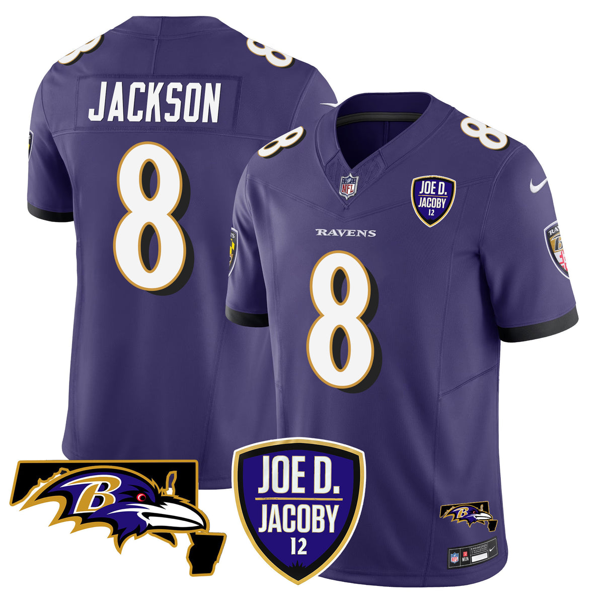 Men's Ravens Joe D & Jacoby Patch Vapor Limited Jersey - All Stitched - Purple - Lamar Jackson — view 1