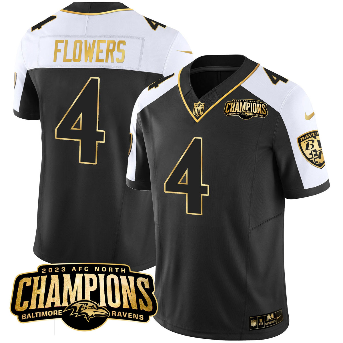Men's Ravens 2023 AFC North Champions Patch Gold Vapor Jersey - All Stitched - Alternate - Zay Flowers — view 1