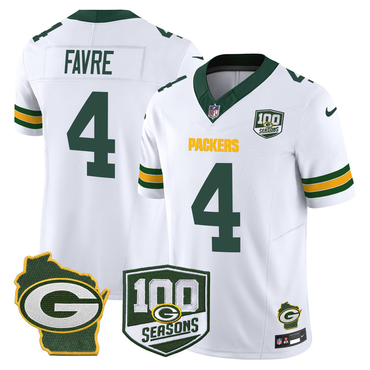 Men's Green Bay Packers 100th Season & Home Patch Vapor Limited Jersey - All Stitched - White - Brett Favre — view 1