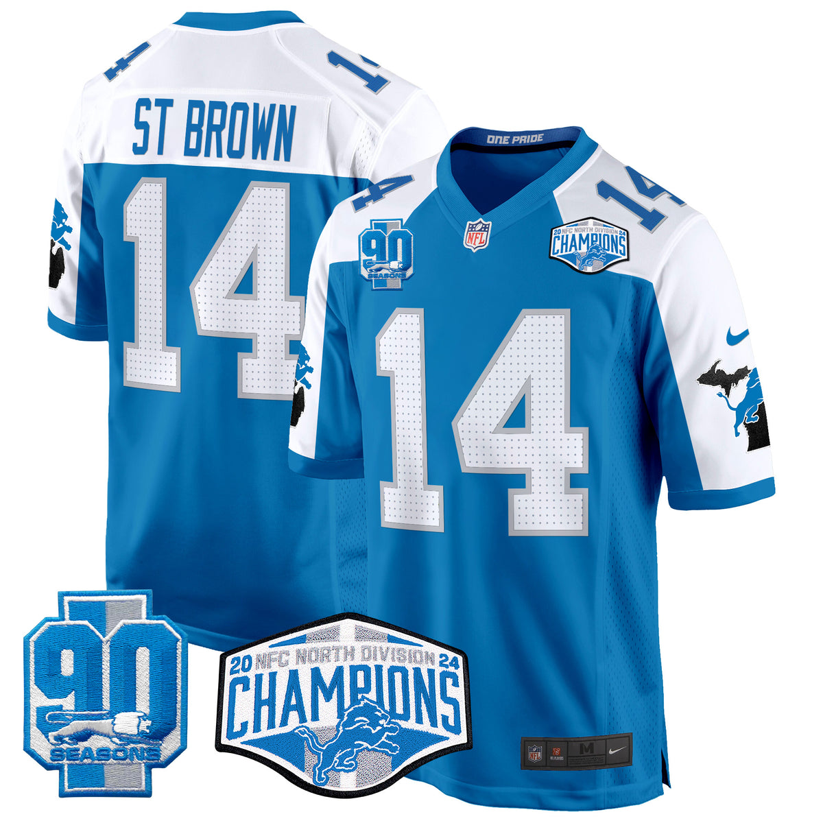 Men's Detroit Lions 2024 NFC North Division Champions Patch Game Jersey - All Stitched - Blue Alternate - St. Brown — view 1