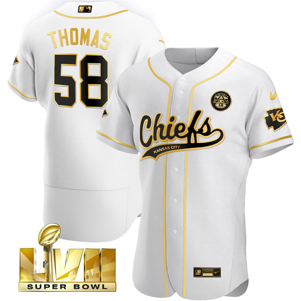 Men's Chiefs Super Bowl LVII Flex Base Jersey V2 - All Stitched - White Gold - Derrick Thomas — view 1