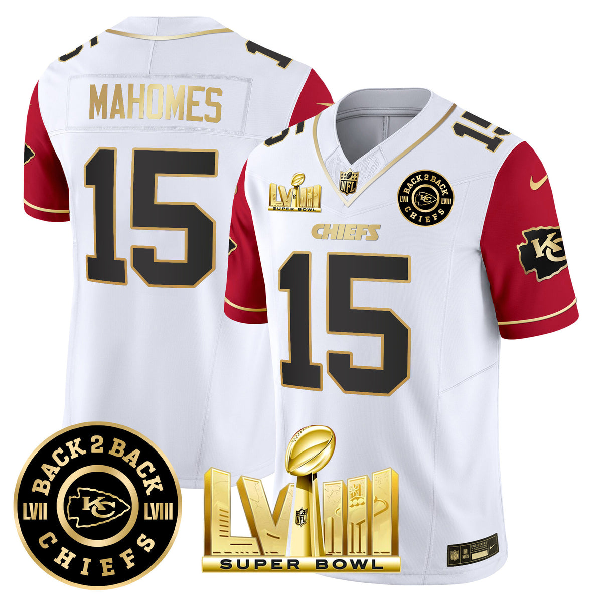Men's Chiefs Super Bowl LVIII & Back 2 Back Patch Vapor Jersey V4 - All Stitched - Color Sleeves - Patrick Mahomes — view 1