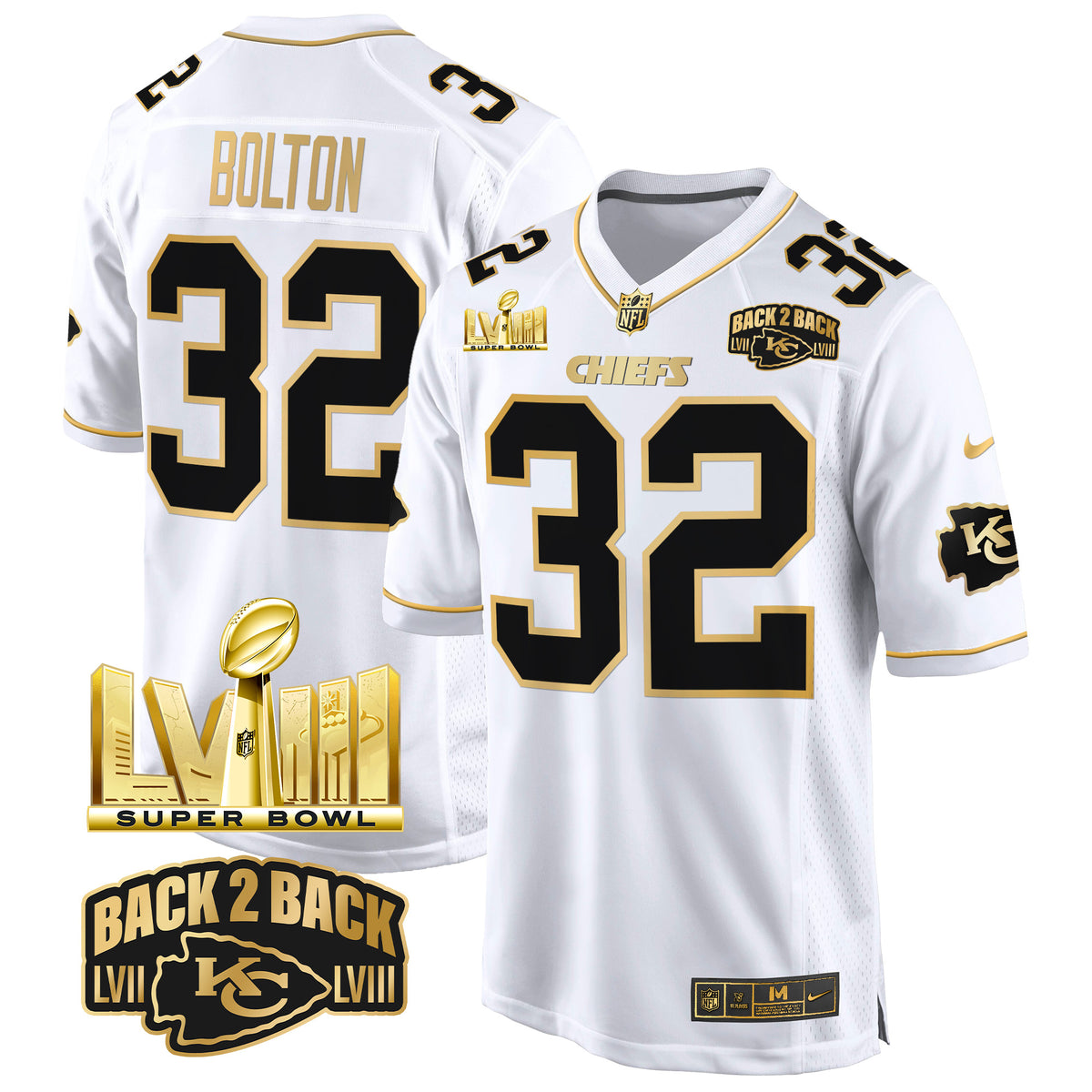 Men's Chiefs Super Bowl LVIII & Back 2 Back Gold Game Jersey - All Stitched - White Gold - Nick Bolton — view 1