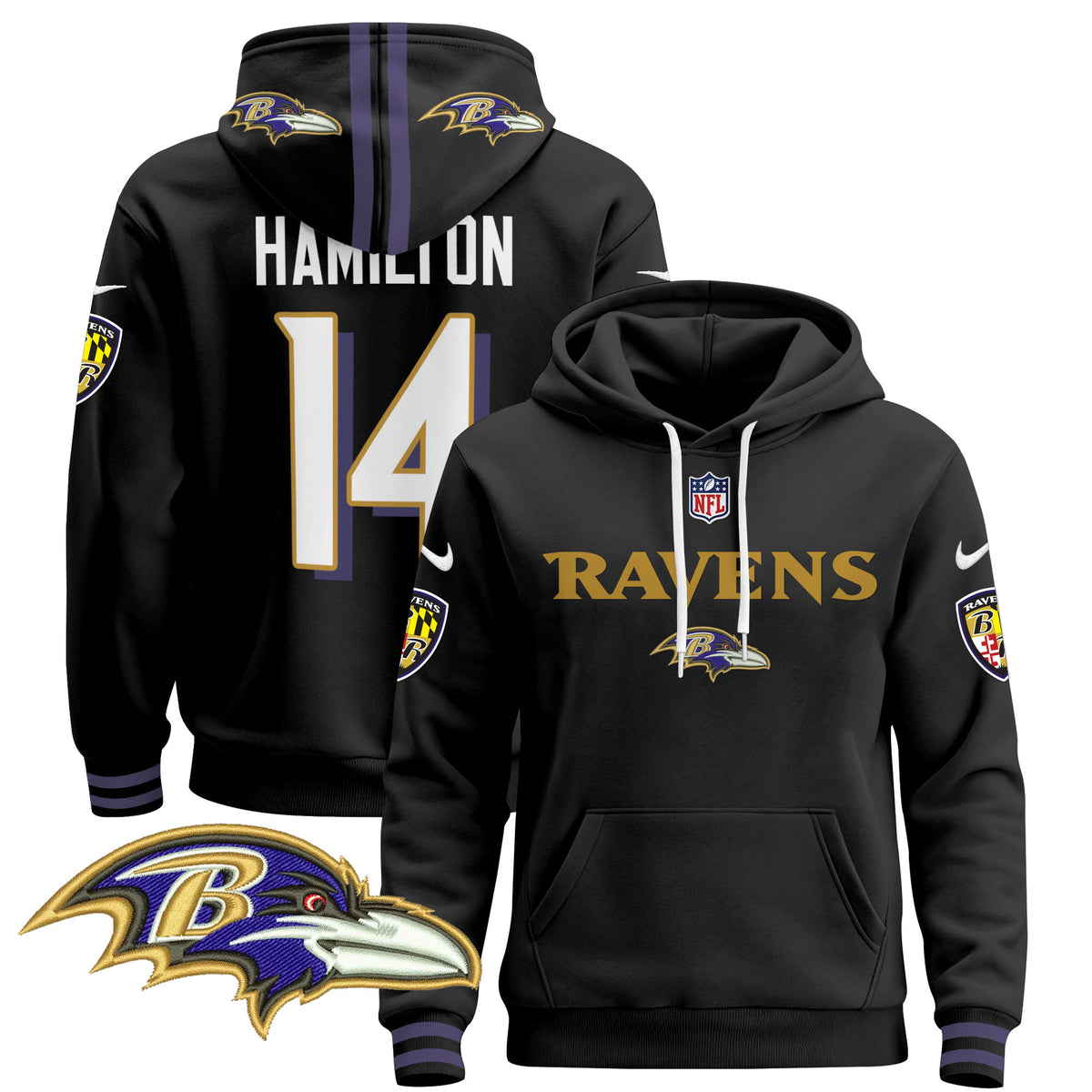 Men's Baltimore Ravens 2024 Pullover Hoodie V3 - All Stitched - Black - Kyle Hamilton — view 1