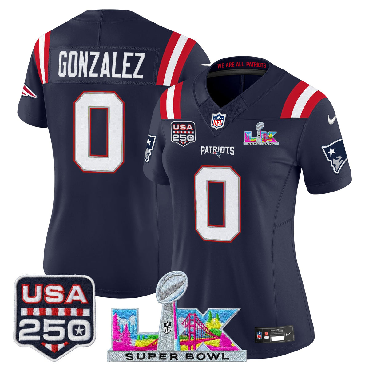 Women's New England Patriots Super Bowl LX & United States 250th Anniversary Patch Vapor Limited Jersey - ~63b3501f - Navy - Christian Gonzalez — view 1