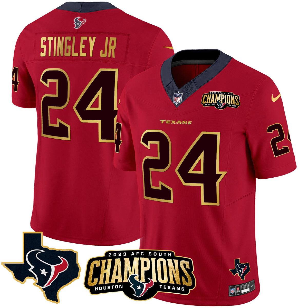 Men's Houston Texans 2023 AFC South Champions Patch Gold Trim Vapor Jersey - All Stitched - Red - Derek Stingley Jr — view 1
