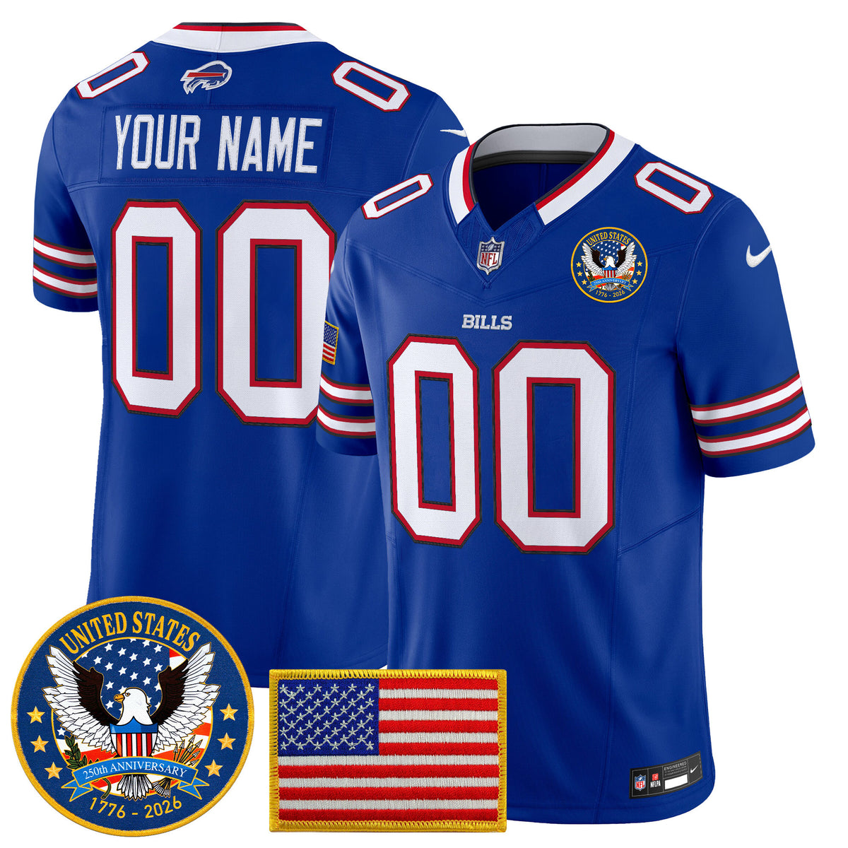 Buffalo Bills United States 250th Anniversary Patch Vapor Limited Custom Jersey - All Stitched - Royal — view 1