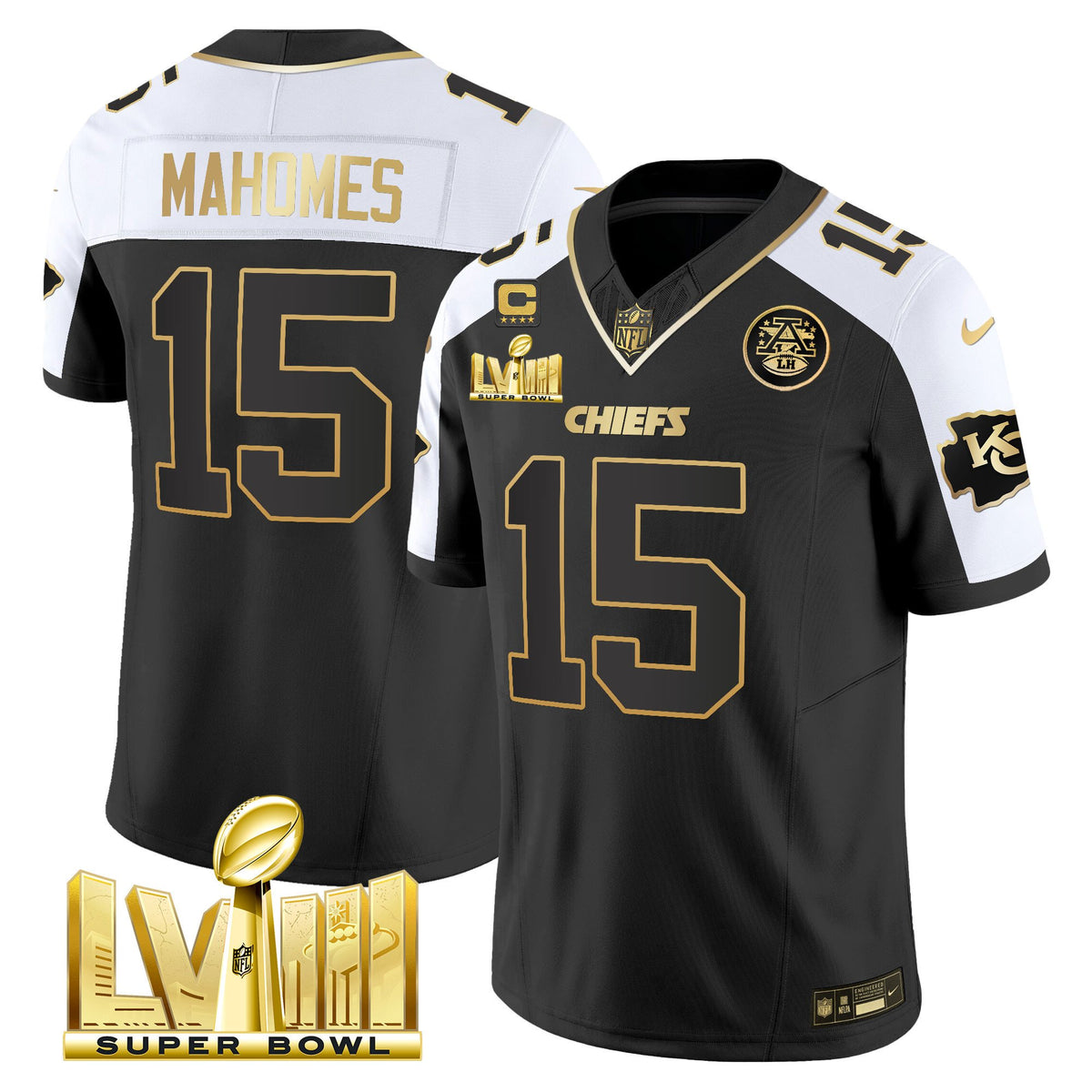 Men's Chiefs Super Bowl LVIII Gold Patch Vapor Jersey V4 - All Stitched - Alternate - Patrick Mahomes — view 1