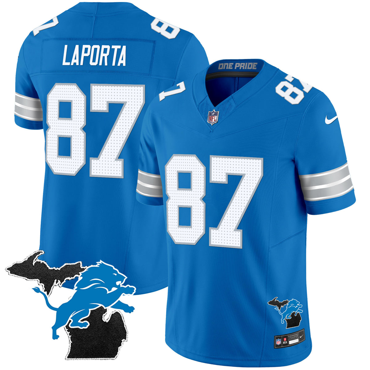 Men's Detroit Lions 2024 Michigan Patch Vapor Limited Jersey - All Stitched - Blue - Sam Laporta — view 1