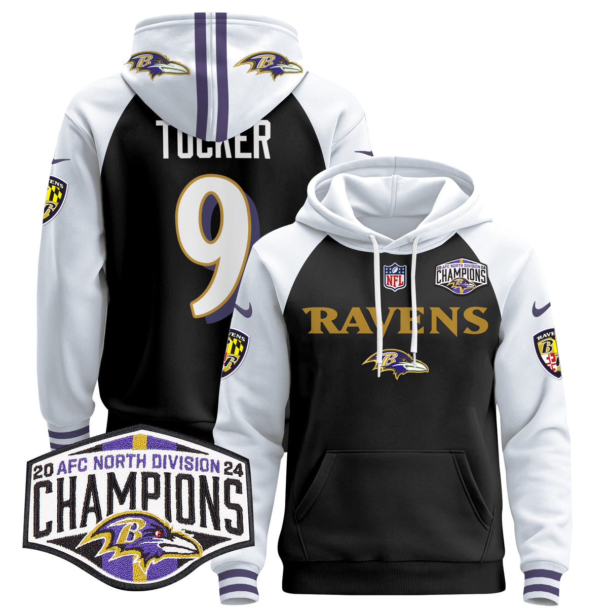 Men's Baltimore Ravens 2024 AFC North Division Champions Patch Pullover Hoodie - All Stitched - Black Alternate - Justin Tucker — view 1