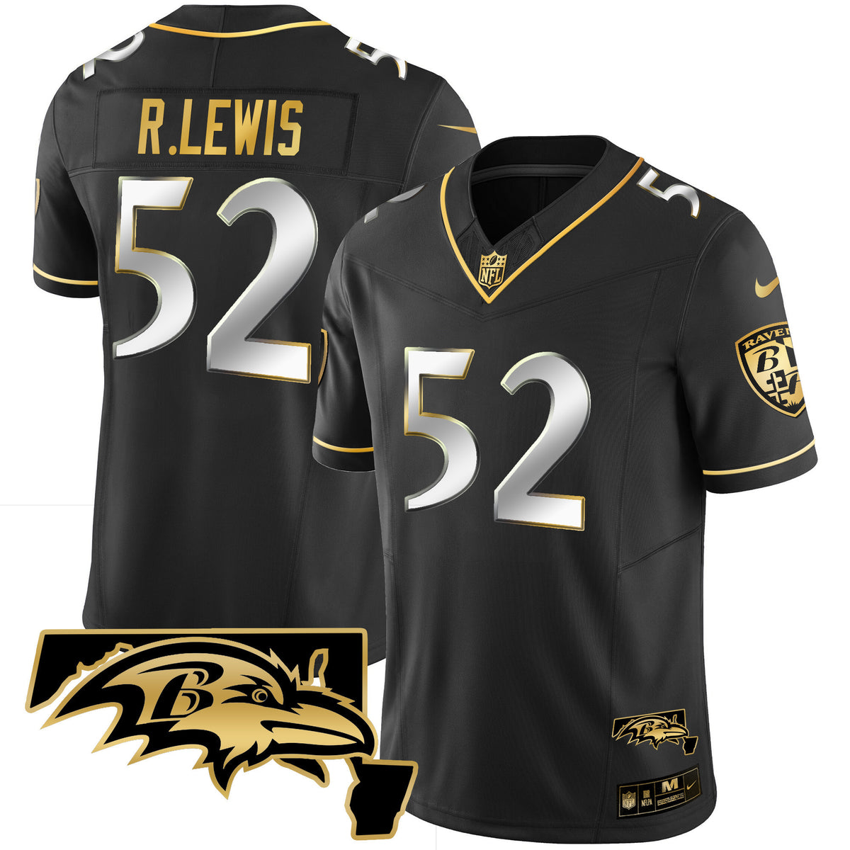 Men's Ravens Maryland Patch Vapor Gold Jersey - All Stitched - Black Limited - Ray Lewis — view 1