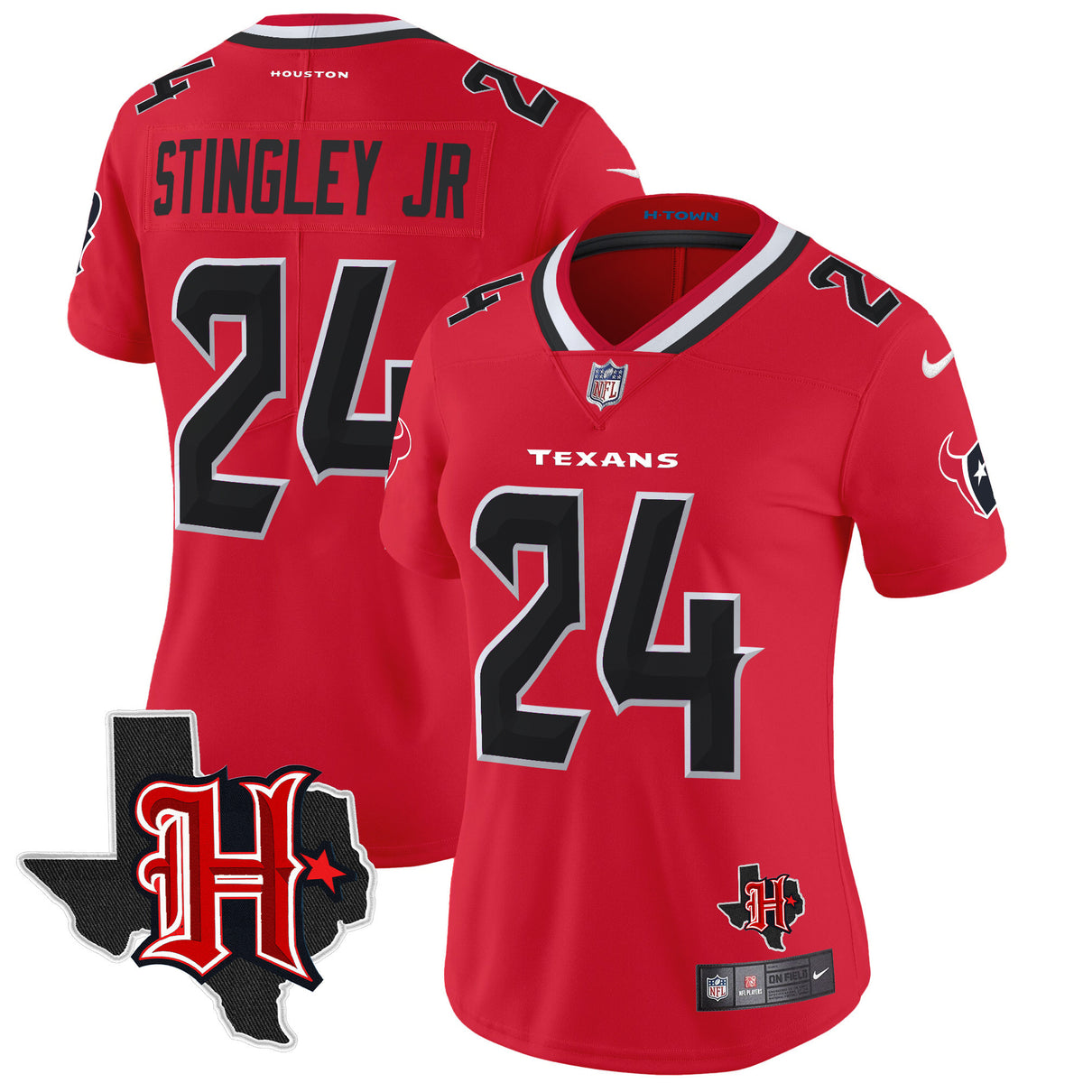 Women's Houston Texans 2024 Texas Patch Vapor Limited Jersey V5 - All Stitched - Red - Derek Stingley Jr — view 1