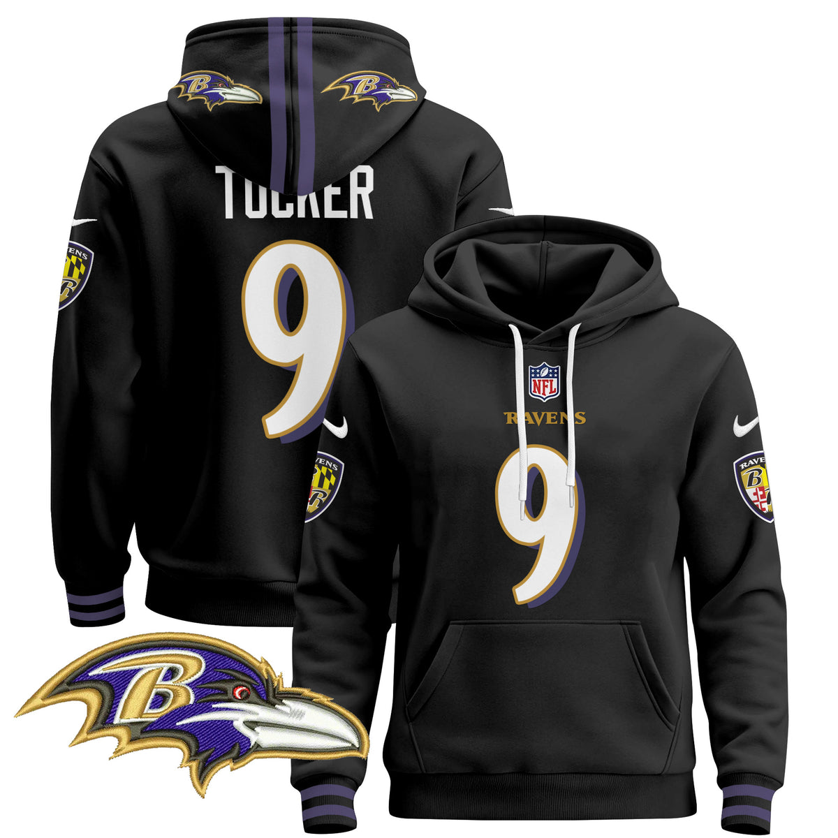 Men's Baltimore Ravens 2024 Pullover Hoodie V4 - All Stitched - Black - Justin Tucker — view 1