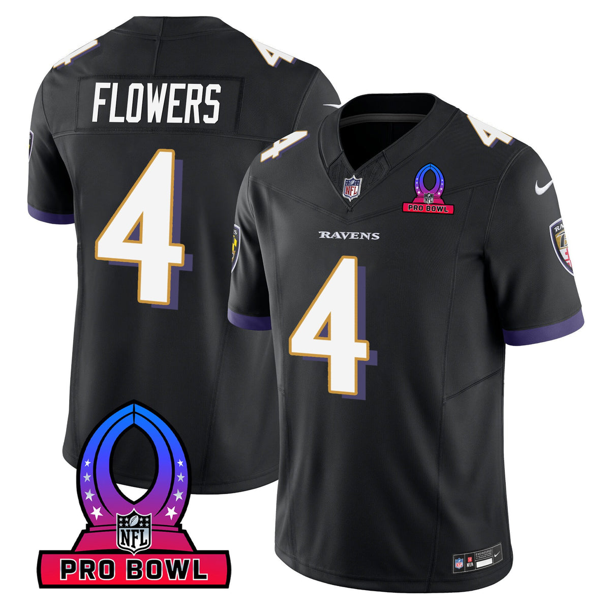 Men's Ravens 2024 Pro Bowl Patch Vapor Jersey - All Stitched - Black - Zay Flowers — view 1