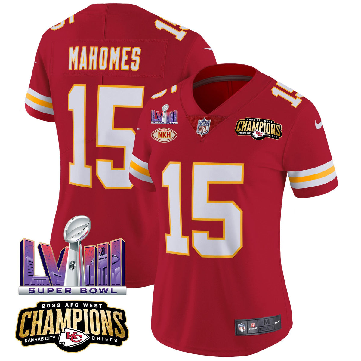 Women's Chiefs AFC West Champions & Super Bowl LVIII Patch Vapor Jersey - All Stitched - Red - Patrick Mahomes — view 1