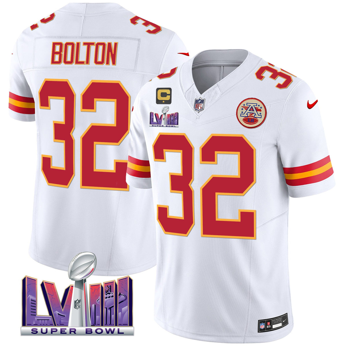 Men's Chiefs Super Bowl LVIII Patch Vapor Jersey - All Stitched - White - Nick Bolton — view 1