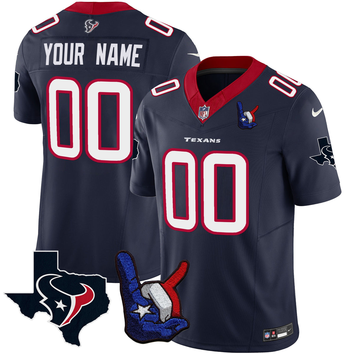Houston Texans Hand Sign Throwing Up The H Vapor Custom Jersey - All Stitched - Navy ~0226930 — view 1