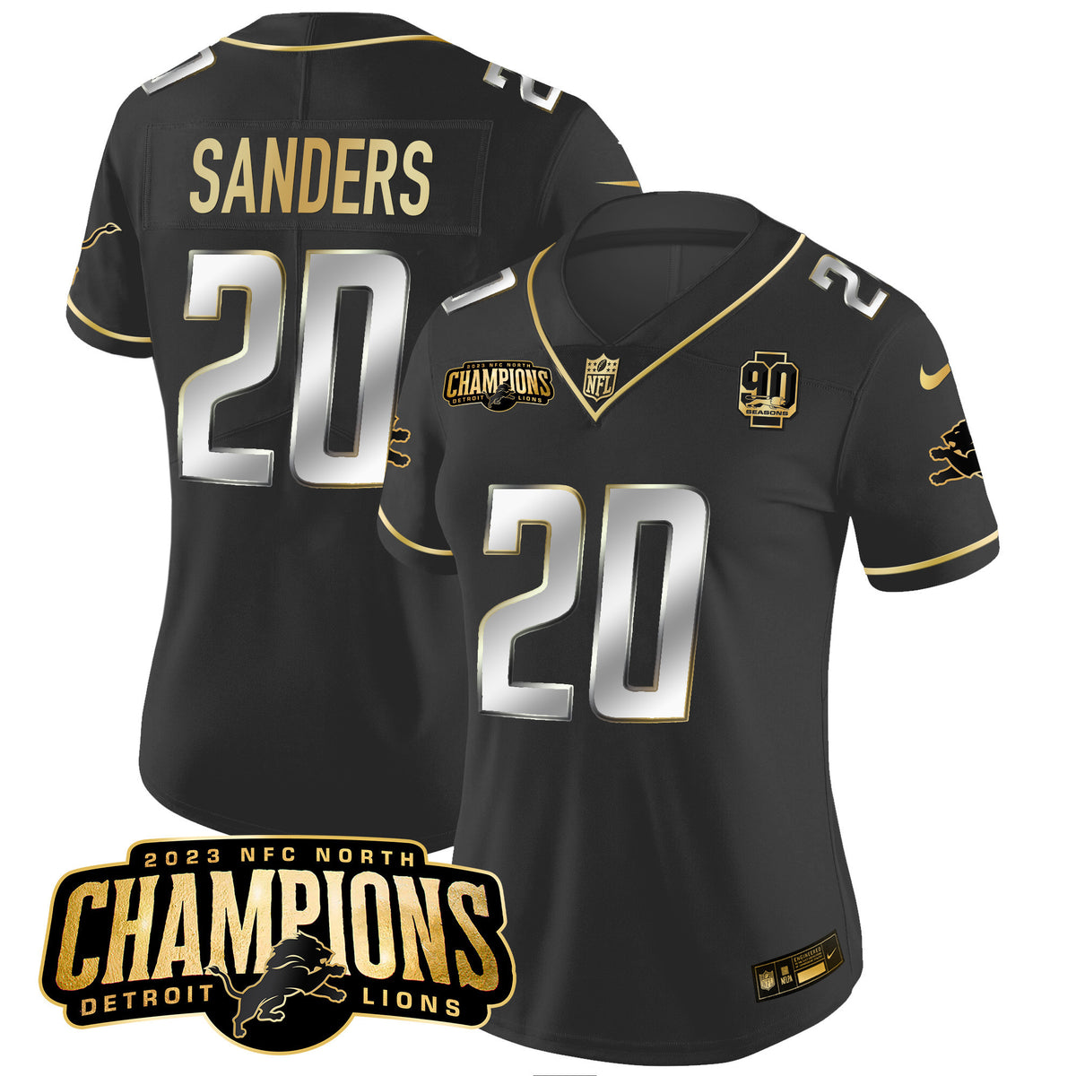 Women's Detroit Lions 2023 NFC North Champions Patch Gold Vapor Jersey V2 - All Stitched - Black Limited - Barry Sanders — view 1