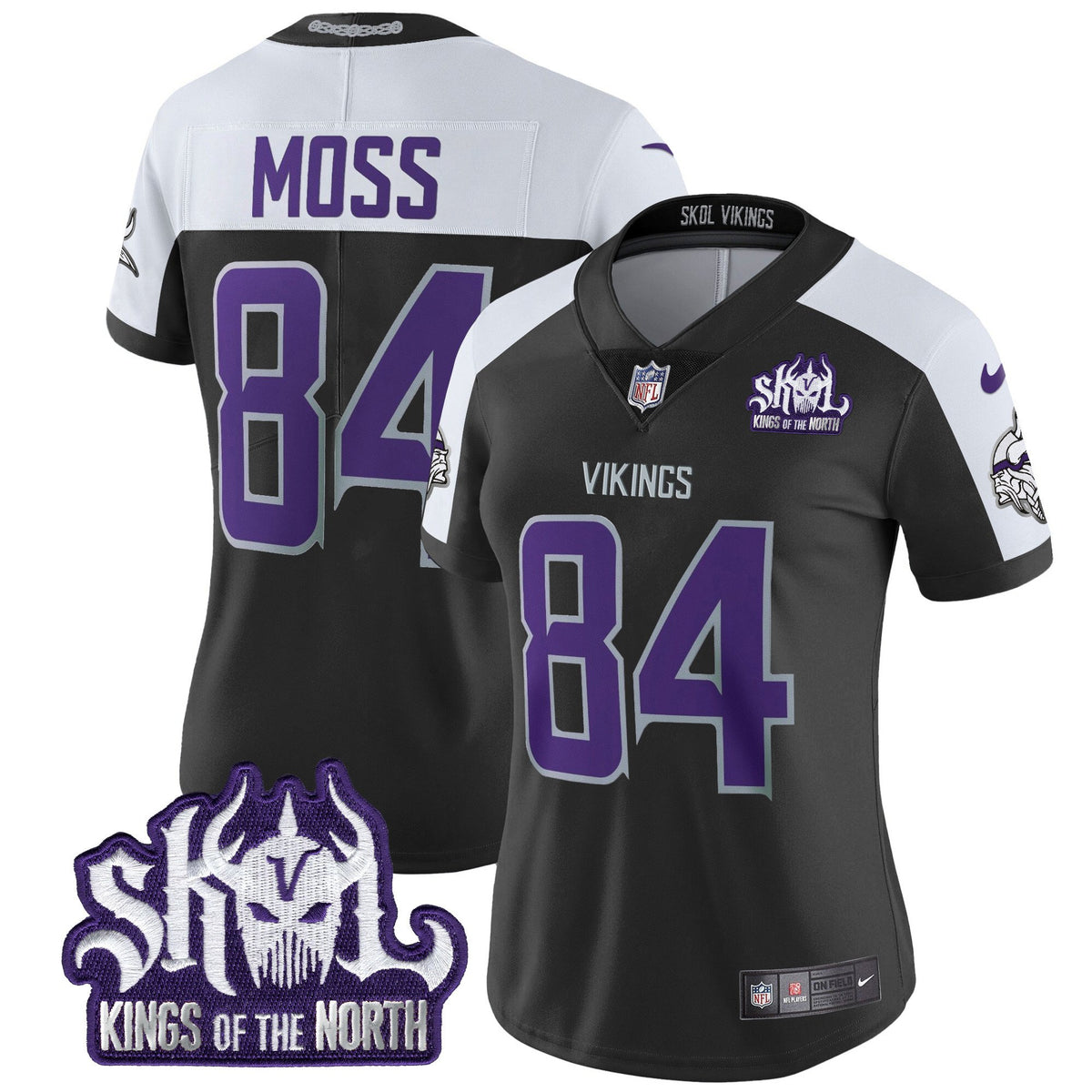 Women's Minnesota Vikings 2024 Winter Warrior Skol Patch Vapor Limited Jersey - All Stitched - Black Alternate - Randy Moss — view 1