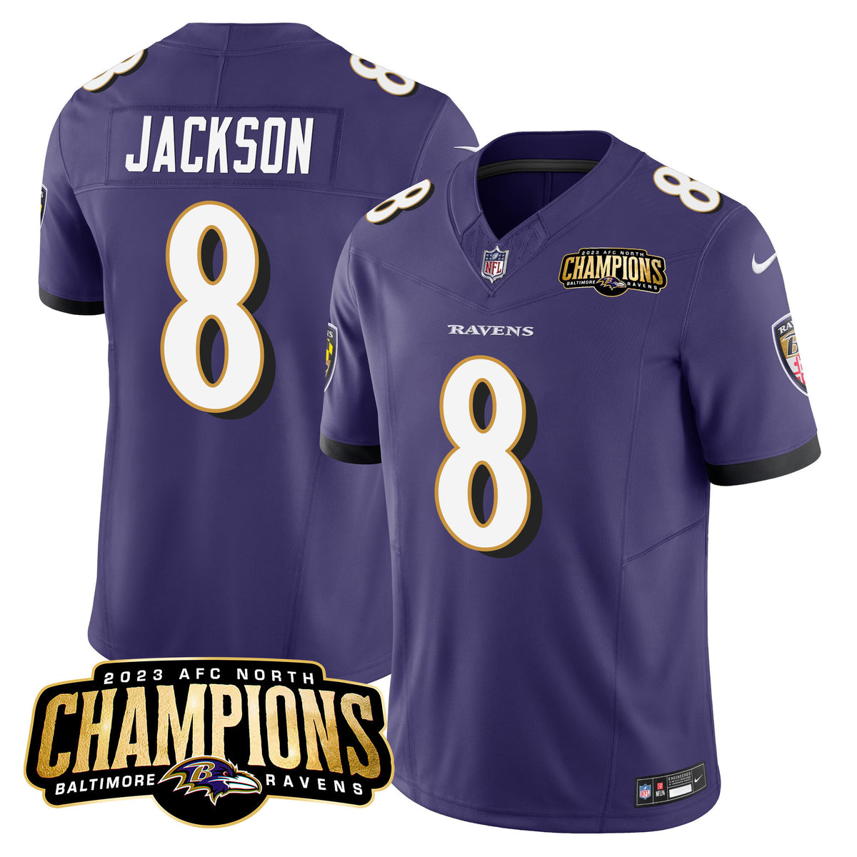 Men's Ravens 2023 AFC North Champions Patch Vapor Limited Jersey - All Stitched - Purple - Lamar Jackson — view 1