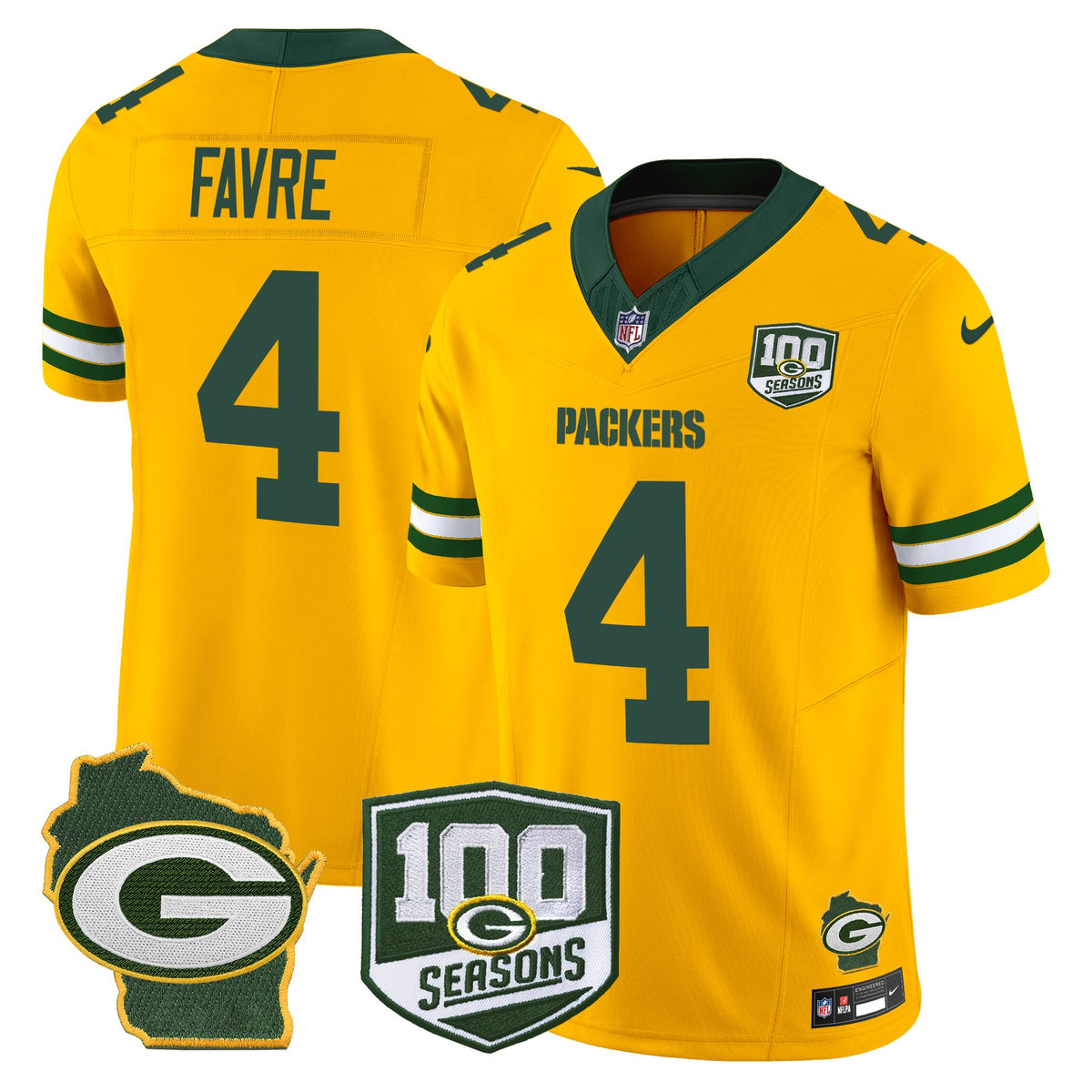 Men's Green Bay Packers 100th Season & Home Patch Vapor Limited Jersey - All Stitched - Gold - Brett Favre — view 1