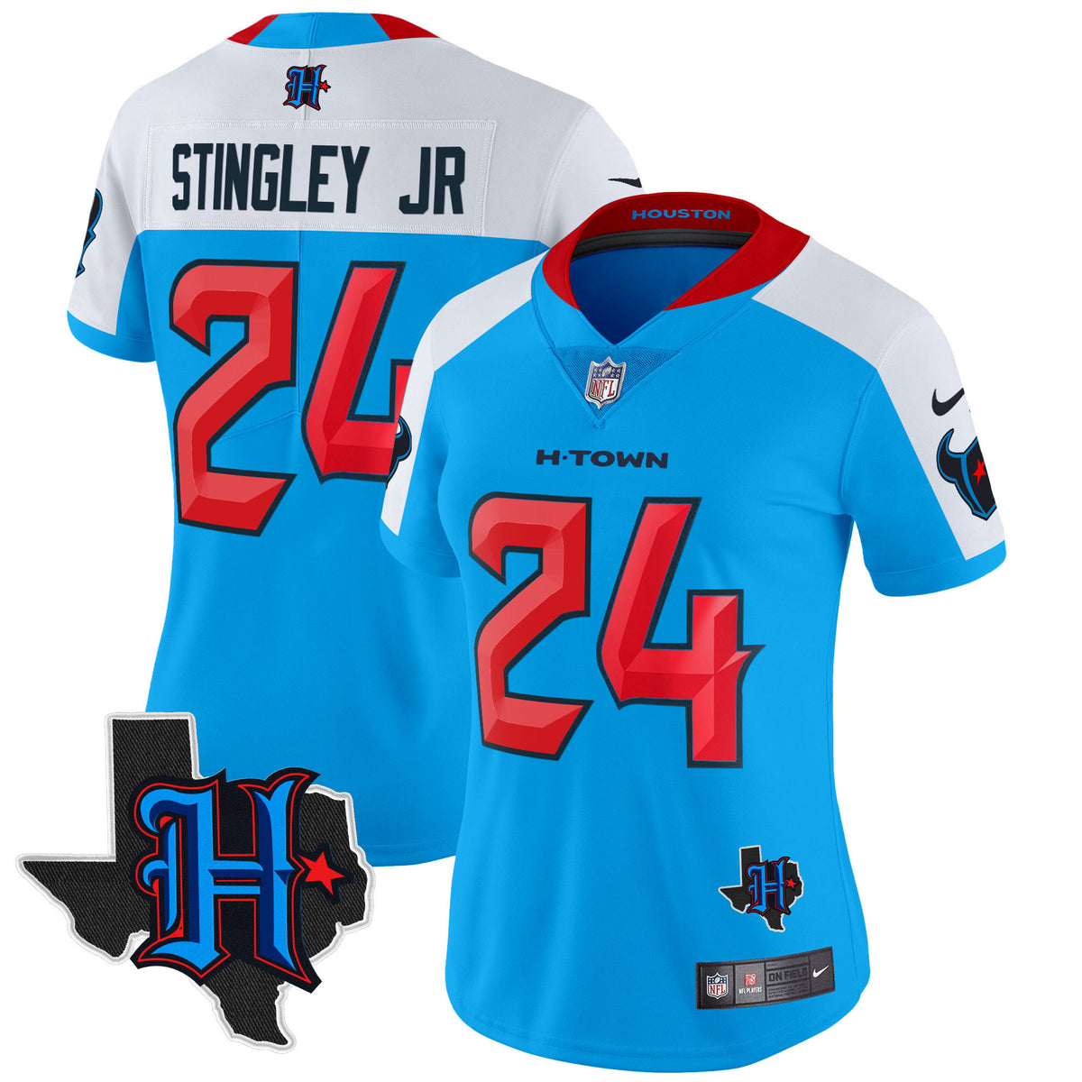 Women's Houston Texans 2024 Texas Patch Vapor Limited Jersey V2 - All Stitched - Blue Alternate - Derek Stingley Jr — view 1