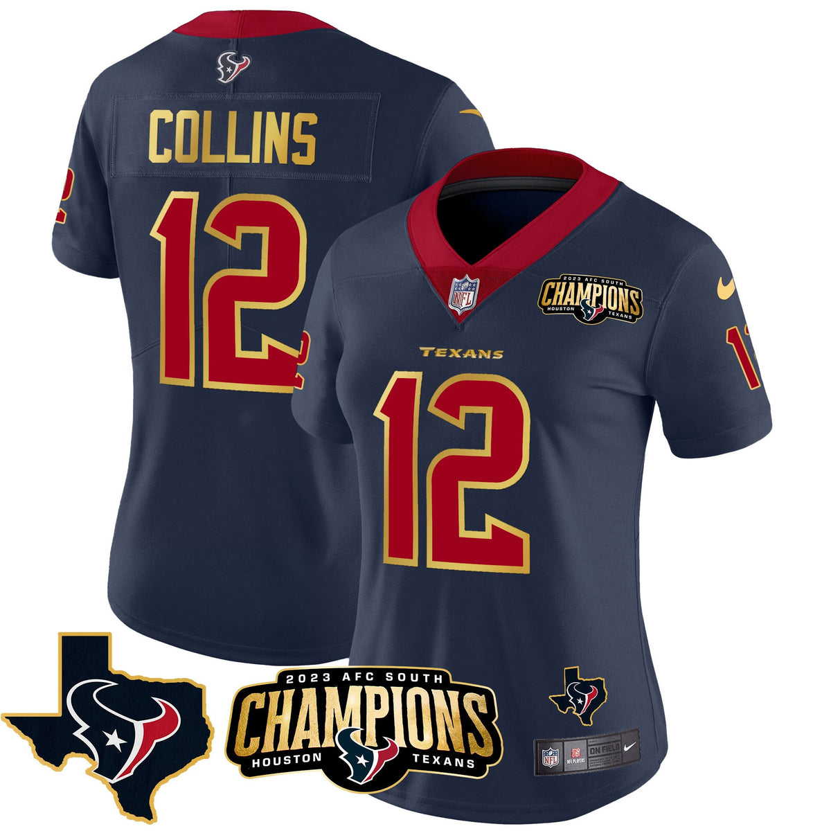 Women's Houston Texans 2023 AFC South Champions Patch Gold Trim Vapor Jersey - All Stitched - Navy - Nico Collins — view 1